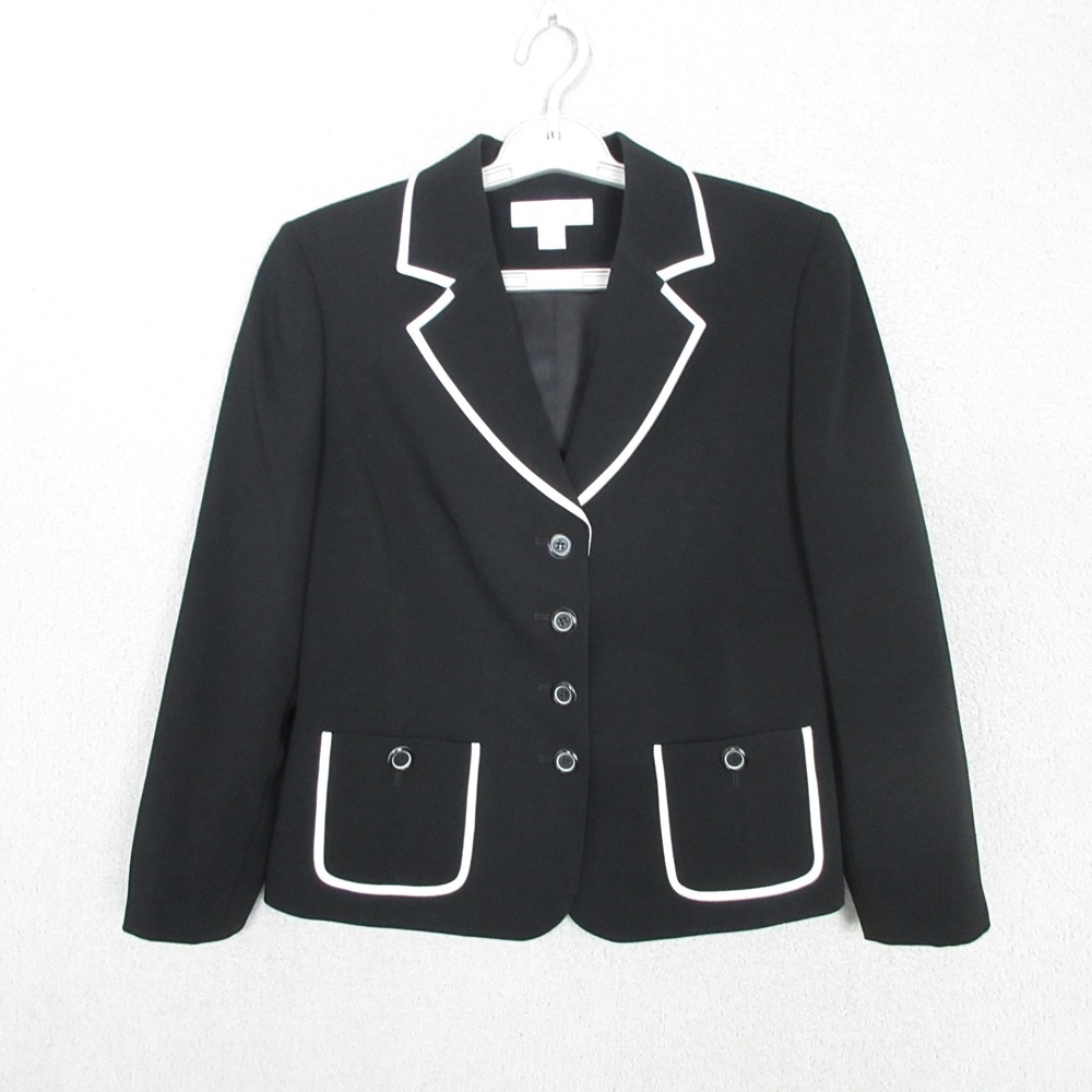 Petite Sophisticate Womens Black White Contrast Trim Button Front Blazer Size 8